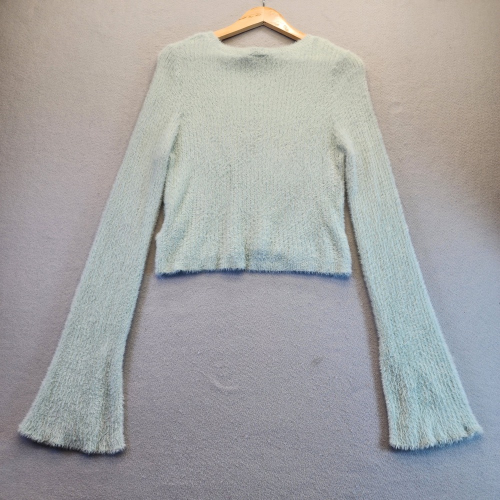 H&M Divided Fuzzy Eyelash Knit Cropped Sweater Mint Green Split Flare Cuff XL - Picture 7 of 12